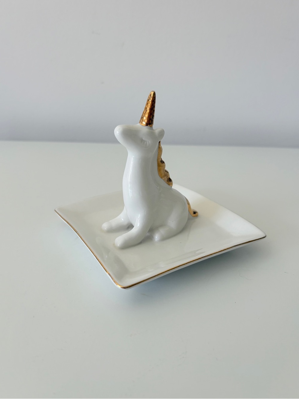 Porcelain Unicorn Ring Holder with Gilded  Horn and Mane Jewelry Trinket Dish